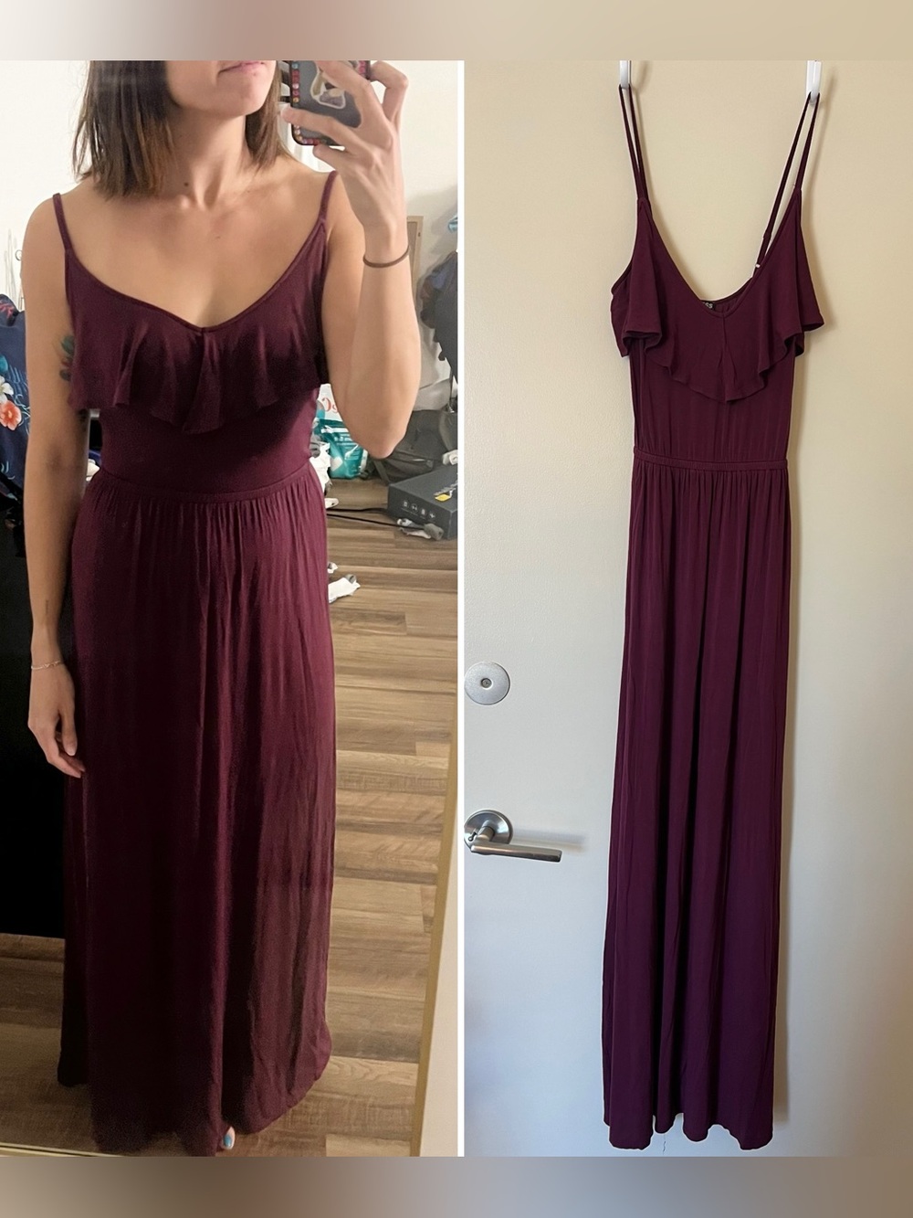 Burgundy Ruffle Spaghetti-Strap Maxi Dress